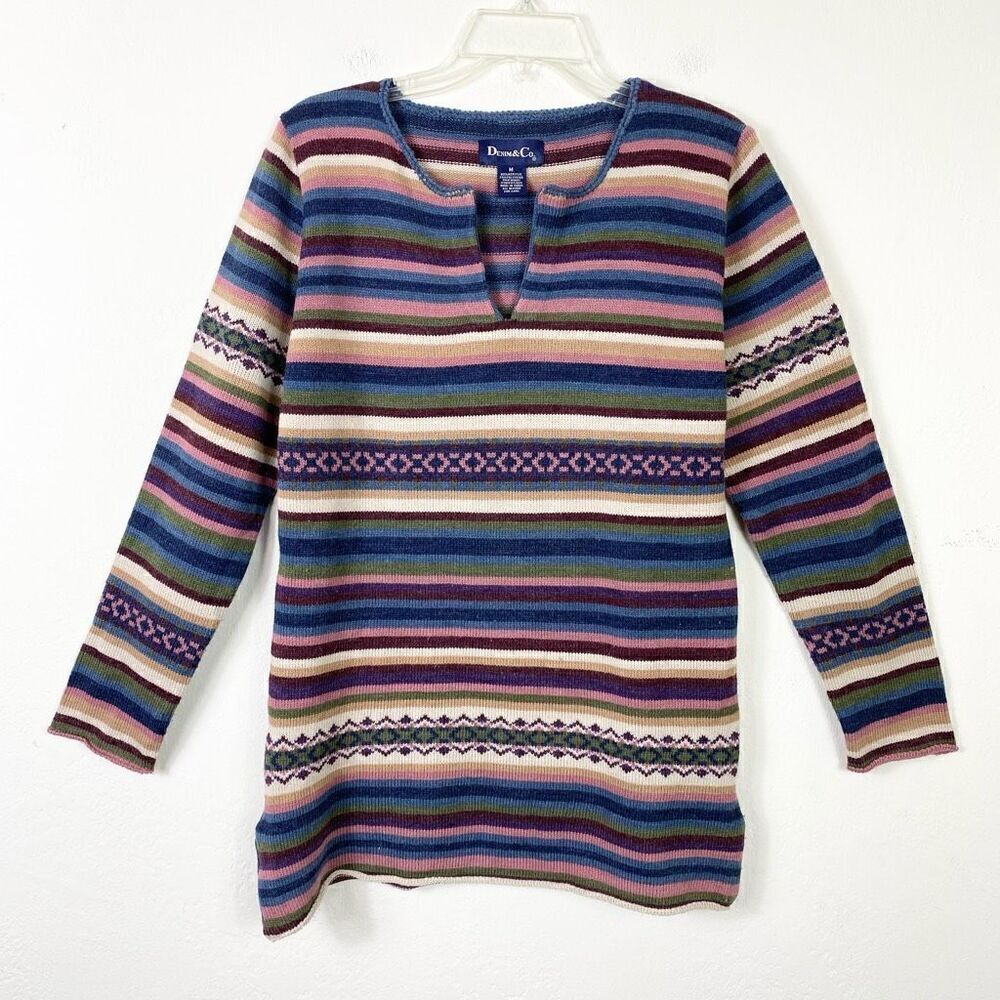 Vintage Denim & Co. Blue & Brown Striped Notch Neck Long Sleeve Sweater Size M